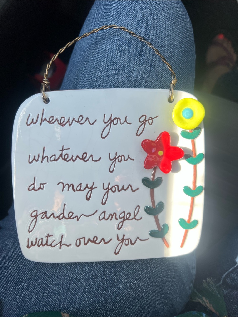 Garden Angel Ceramic Wall Sign - White with Red & Yellow Flowers